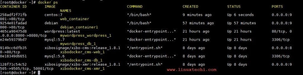 Список контейнеров по команде «docker ps»